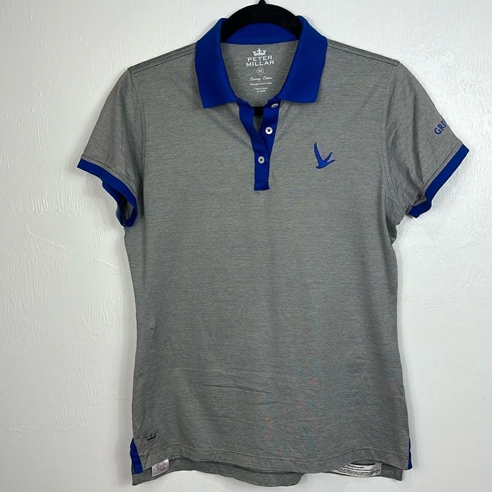 Peter Millar Luxury Cotton Blue Grey Goose Logo Polo Shirt In Gray Size M